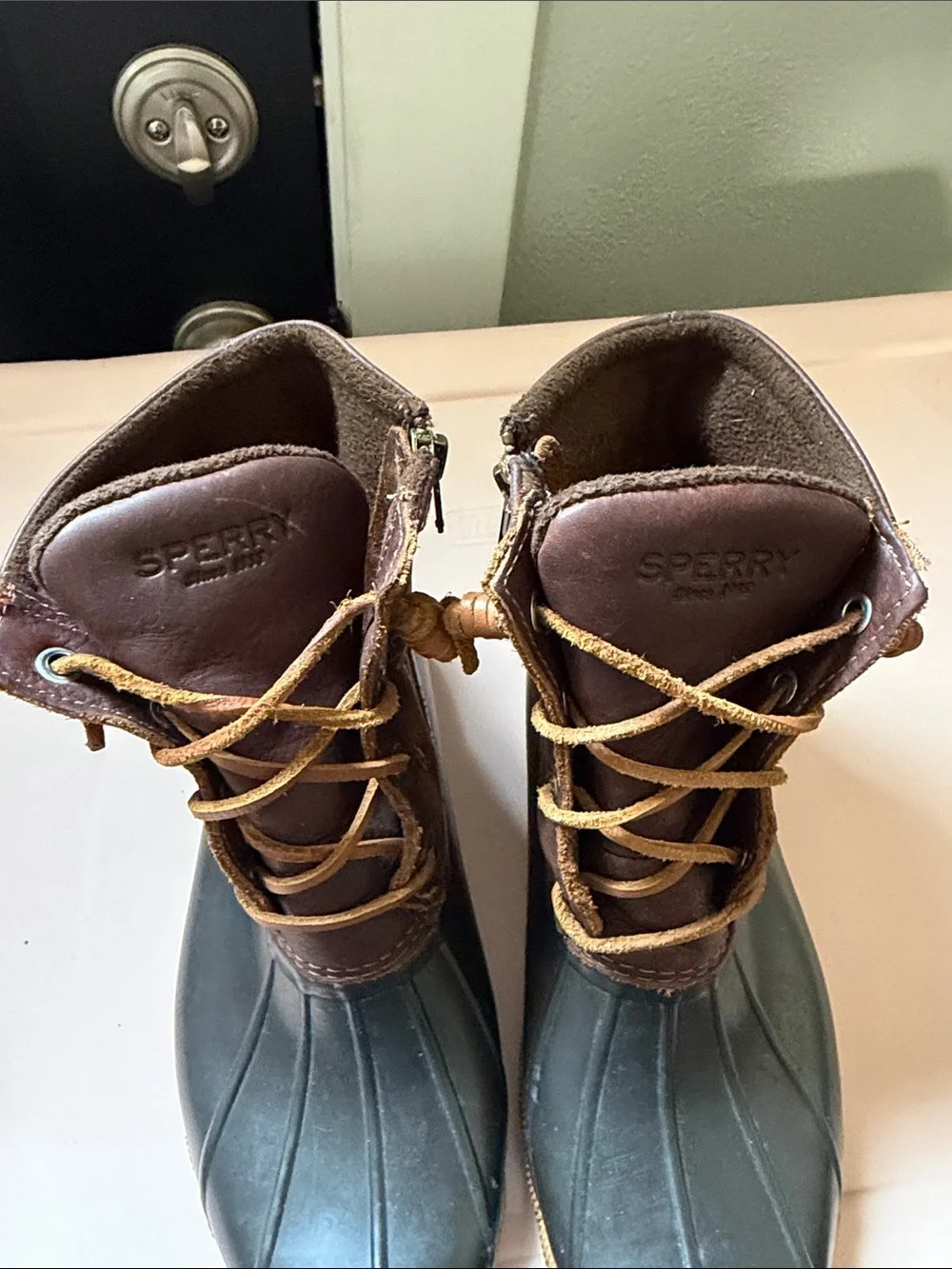 Sperry Brown Leather and Black Rubber Rain Boots with Tan Outsole